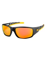 Lentes de sol deportivos marca Caterpillar, modelo Motor, con armazón negro y patillas con detalles en amarillo. Poseen cristales polarizados con acabado espejado en tono naranja y ofrecen protección contra rayos UVA y UVB.