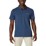 Polo de manga corta Columbia con tecnología Omni-Wick, confeccionado en tejido técnico hidroabsorbente de color azul marino jaspeado. Presenta cuello clásico con cierre de botones y logo de la marca bordado en el pecho.