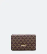 Monedero femenino con estampa de triángulos, marca Satinato, confeccionado en material sintético 100% poliuretano con forro 100% poliéster.