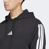 Canguro deportivo Adidas de felpa francesa color negro, con capucha ajustable, bolsillo frontal tipo canguro y las icónicas tres tiras blancas en las mangas. Cuenta con el logo de la marca bordado en el pecho.