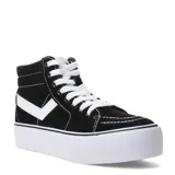 Championes de caña alta Pony con plataforma, color negro con detalles en blanco. Presentan cordones blancos, costuras visibles y suela de goma blanca con textura.