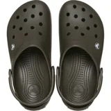 Zuecos Crocs modelo Crocband Clog Gum, color negro con banda lateral en tono caramelo y línea blanca. Diseño con orificios de ventilación, tira trasera pivotante y suela cómoda de espuma Croslite.