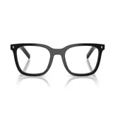 Armazón de lentes Prada modelo B11, de diseño rectangular en color negro con detalles metálicos triangulares en las esquinas superiores.