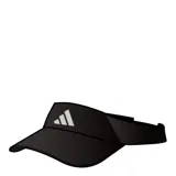 Visera deportiva Adidas con tecnología Climacool, color negro con logo reflectante en el frente y banda lateral con textura perforada.