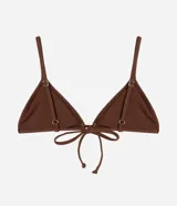 Top de bikini triangular en microfibra marrón, con pespuntes contrastantes y tiras ajustables.