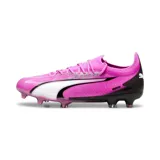 Championes de fútbol Puma Ultra Ultimate FG/AG, de color rosado con detalles en blanco y negro, diseñados con tecnología ULTRAWEAVE para mayor velocidad y ligereza.