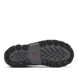 Bota de senderismo impermeable Columbia, color gris con detalles en coral. Presenta una combinación de cuero y malla en la parte superior, con entresuela amortiguada y suela de goma con tracción avanzada.