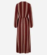 Vestido largo evasé de viscolino con 25% de lino, con escote en V, busto ajustado y mangas largas abullonadas. Diseño a rayas verticales en bloques de color bicolor.