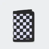 Billetera Vans trifold con estampado a cuadros blancos y negros, compartimento para billetes, ranuras para tarjetas, ventana para identificación y monedero.