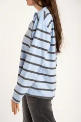 Sweater tipo polo de manga larga con diseño de rayas horizontales en tonos celeste y marrón oscuro. Presenta cuello camisero con abertura frontal y corte recto.