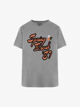 Camiseta gris con efecto lavado, cuello redondo y manga corta. Estampado frontal en naranja con tipografía cursiva que dice "Spring Break '87". Incluye tres apliques decorativos redondos y en forma de púa de guitarra cerca del cuello.