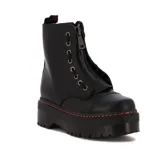 Botas de cuero sintético negro con plataforma, cordones y cierre frontal con cremallera.