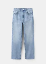 Jeans de denim de corte recto y tiro medio, en color azul clásico con efecto desteñido.