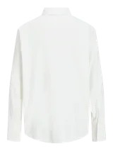 Camisa de popelín blanca de manga larga con cuello clásico y cierre frontal de botones ocultos, de ajuste relajado y puños anchos.