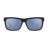 Lentes de sol Serengeti modelo Positano, con montura rectangular negra de acetato y lentes espejados azules polarizados.