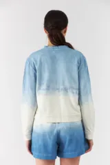 Buzo de cuello redondo y mangas largas, con diseño degradado en tonos celeste y blanco.