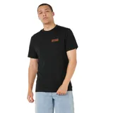 Remera de manga corta color negro, con cuello redondo y logo de la marca Rip Curl estampado en el pecho en tonos rojo y amarillo.