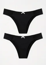 Pack de dos bombachas tipo bikini de microfibra color negro, con laterales fruncidos y detalle de lazo de satén blanco en el centro.