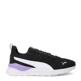 Championes Puma Anzarun Lite, color negro con detalles en blanco y lila. Presentan una parte superior de malla transpirable, cierre con cordones y suela blanca con amortiguación SoftFoam+.