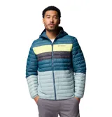 Campera tipo puffer con capucha de la marca Columbia, modelo Powder Pass. Presenta un diseño de bloques de color en tonos azul, gris y amarillo, con cierre frontal completo y bolsillos laterales. Es una prenda ligera y abrigada, ideal para actividades al aire libre.