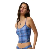 Top de tankini Rip Curl con tirantes finos y escote redondo, de corte ajustado y diseño crop en color azul con estampado de cuadros.