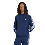 Canguro Adidas color azul marino, con capucha ajustable por cordón, bolsillo tipo canguro al frente, puños y dobladillo acanalados. Presenta las tres tiras características de la marca en blanco a lo largo de las mangas y el logo del trifolio bordado en el pecho.