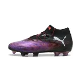 Championes de fútbol Puma Future 8 Ultimate FG, color negro con detalles en violeta y naranja.