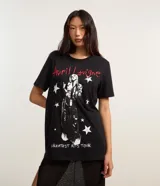 Remera negra de algodón con estampa de Avril Lavigne en blanco y rojo.