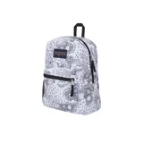 Mochila Jansport Cross Town con estampado de arcoíris, flores, soles y nubes en blanco y negro.
