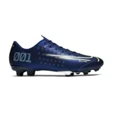 Championes de fútbol Nike Mercurial Vapor 13 Academy MDS MG, color azul con detalles en blanco y verde lima. Presenta un diseño con estampado gráfico "001" en el talón y detalles técnicos en el lateral.