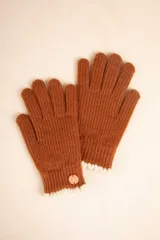 Guantes de punto color marrón con puños blancos.