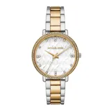 Reloj Michael Kors con caja de acero inoxidable en tono dorado y plateado, esfera blanca con patrón de logo MK grabado y marcadores de hora con cristales. Presenta bisel decorado con cristales y pulsera de eslabones combinados.