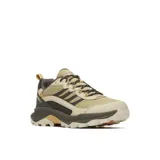 Calzado de trekking Merrell Speed Strike 2, de color beige con detalles en marrón oscuro y amarillo, fabricado con materiales sintéticos y malla transpirable, diseñado para senderismo y actividades al aire libre.