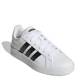 Championes Adidas modelo Grand Court Base 3.0, de diseño urbano con exterior de cuero sintético blanco y las icónicas tres rayas laterales en color negro. Cuenta con cierre de cordones y suela de goma resistente.