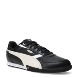 Championes urbanos Puma modelo Bella Donna L, color negro con detalles en beige. Presentan un diseño de perfil bajo con la icónica franja lateral de la marca en contraste, cierre de cordones y suela de goma texturizada.