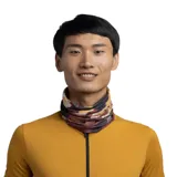 Cuello tubular multifuncional Buff Coolnet UV con estampado abstracto en tonos borgoña, amarillo, blanco y negro.