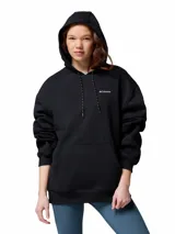 Buzo tipo canguro Columbia de color negro, con capucha ajustable mediante cordones, bolsillo frontal tipo canguro y puños y dobladillo acanalados. Presenta el logo de la marca bordado en el pecho.