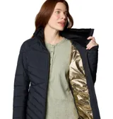Campera acolchada de mujer con tecnología térmica, cierre frontal completo, cuello alto y puños con orificios para pulgares. Presenta un diseño de costuras horizontales y diagonales, con logo de la marca en el pecho.