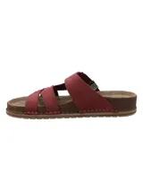 Sandalias de cuero color bordó, con diseño de tiras cruzadas en el empeine y una tira ajustable con hebilla metálica. Cuenta con plantilla acolchada y suela de corcho con base de goma antideslizante.