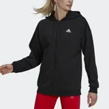 Campera Adidas Essentials de mujer, color negro, con capucha y cierre frontal. Logo de Adidas bordado en blanco en el pecho.