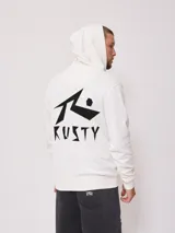 Hoodie canguro de color crudo con capucha y gran estampado gráfico negro en la espalda de la marca Rusty.