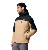 Campera impermeable Columbia modelo Hikebound II Insulated Omni-Heat, con diseño en bloques de color beige y negro, capucha ajustable y cierre frontal con cremallera y solapa.