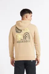Buzo con capucha y cordón ajustable de marca Quiksilver, color beige, con bolsillo frontal tipo canguro y pequeño estampado gráfico en el pecho.