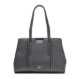 Cartera tipo tote estructurada de color negro, confeccionada en material sintético con textura. Presenta doble asa larga para hombro, cierre superior y placa metálica con logo XL en la parte frontal.