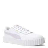 Championes Puma modelo Carina 3.0, de diseño urbano inspirado en los años 80. Presentan una capellada de cuero sintético en color negro con la icónica franja lateral Formstrip en blanco. Cuentan con una suela de plataforma blanca con textura acanalada y plantilla SoftFoam+ para mayor amortiguación.