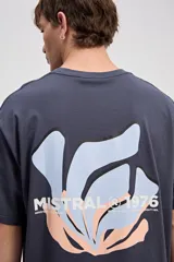 Remera oversize de algodón color gris oscuro, con diseño gráfico estampado en la espalda en tonos celestes y salmón, acompañado del texto "Mistral 1976".