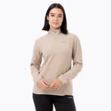 Buzo polar de mujer Merrell, confeccionado en microfleece de poliéster reciclado. Presenta diseño de media cremallera, cuello alto, mangas largas con puños elásticos y logo de la marca bordado en el pecho.