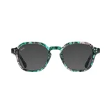 Lentes de sol redondos con marco de acetato con estampado abstracto en tonos verde, gris y blanco.