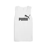 Musculosa Puma ESS Nº1 Logo Tank blanca de hombre, con gran estampado frontal del logo y nombre de la marca en negro.