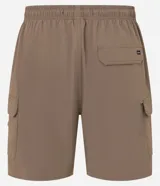 Bermuda masculina color negro, confeccionada en poliamida, con cintura elástica y cordón ajustable. Presenta bolsillos cargo laterales y es de secado rápido.